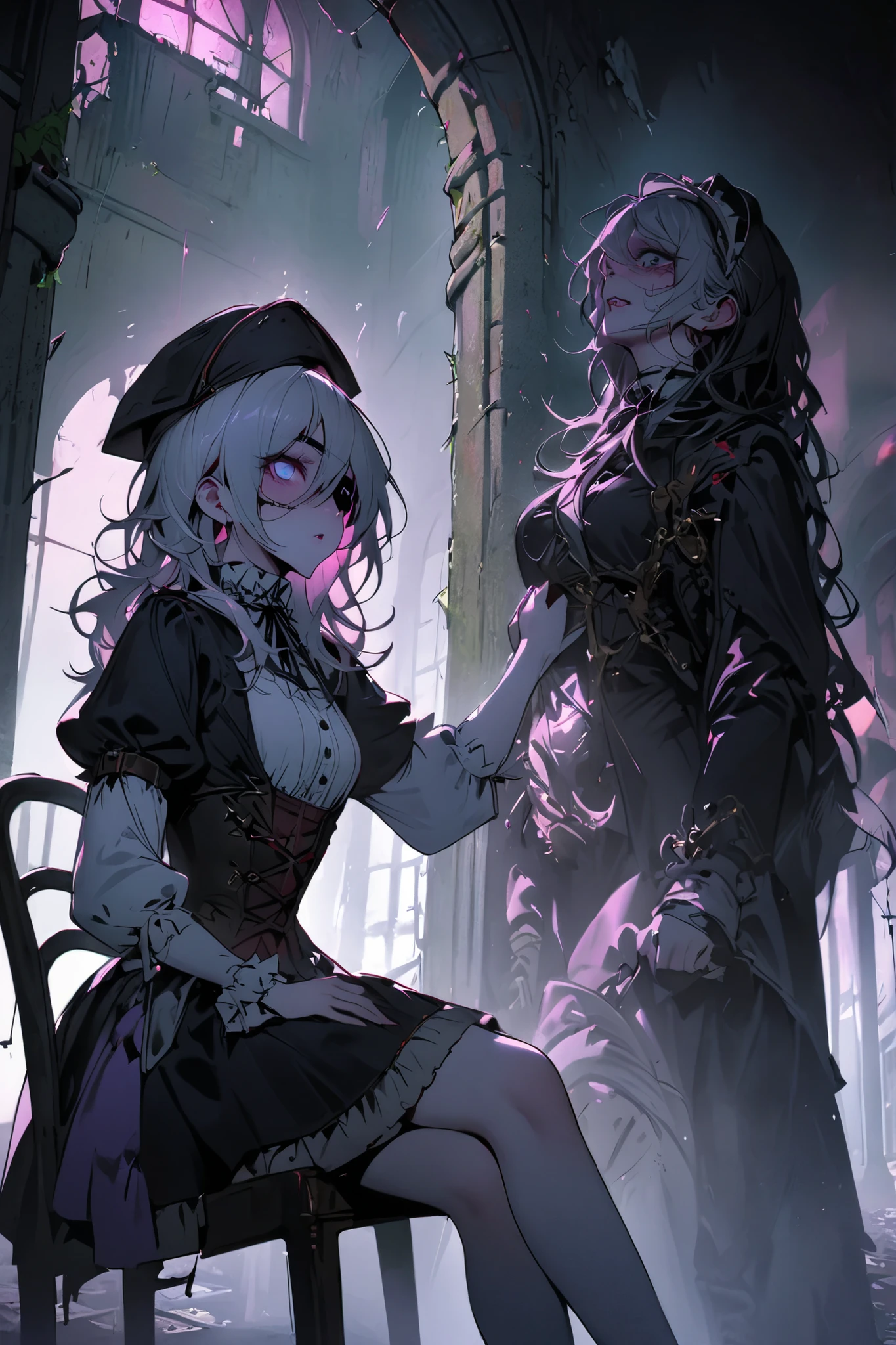 A sexy and charming girl in a wide black hat sits on a chair in the castle courtyard, Eye patch,Sniper Girl, 17th century clothing mixed with 21st century clothing, short skirt, vulgar and vulgar second person, Psychosis, psychiatric abandoned hospital, double personality , two-person headdress good and evil, body view , full length, in the hands are looking at each other,
