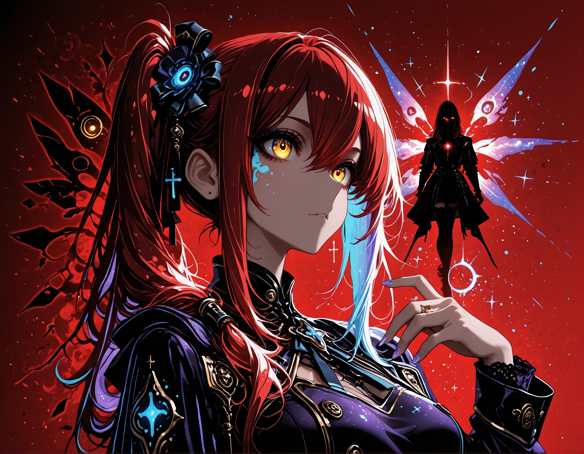(EyesHD:1.2), masterpiece, best quality, ultra-detailed, very aesthetic, sharp focus, depth of field, vibrant colors, ray tracing, best lighting, detailed illustration, detailed background, cinematic, beautiful face, beautiful eyes, (anime coloring:1.5), 1girl, golden eyes, red hair, very long hair, straight hair, long sidelocks, hair between eyes, medium breasts, petite, very cute, beautiful, cool, handsome,  side ponytail, hair over shoulder, thighhighs, ,dream galaxy, galaxy (theme), surreal, dreamcore, purple lineart, galaxy elements, kawaii style, aesthetic, soft colors, pastel colors, colored lineart, ((blue tones: 1.2)), ((purple tones: 1.2)), glitter effect, fantasy style ,ultrakill, cross, Limited color palette, (flat colors, red background, red themed background, outline, red outline, silhouette), simple background, dark fairy silhouette of the girl in the background, red glowing eyes of the silhouette