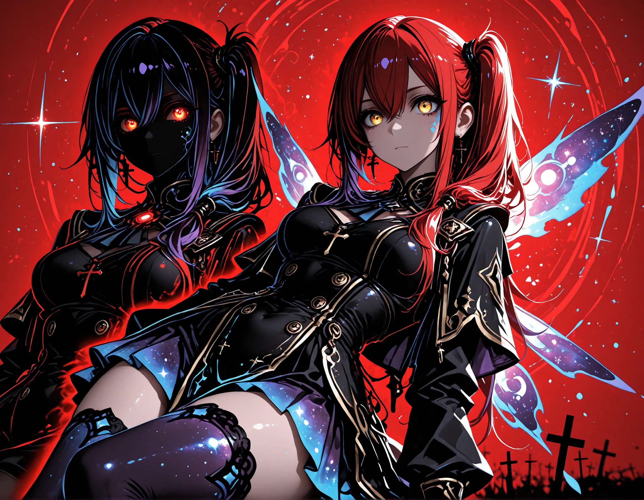 (EyesHD:1.2), masterpiece, best quality, ultra-detailed, very aesthetic, sharp focus, depth of field, vibrant colors, ray tracing, best lighting, detailed illustration, detailed background, cinematic, beautiful face, beautiful eyes, (anime coloring:1.5), 1girl, golden eyes, red hair, very long hair, straight hair, long sidelocks, hair between eyes, medium breasts, petite, very cute, beautiful, cool, handsome, side ponytail, hair over shoulder, thighhighs, ,dream galaxy, galaxy (theme), surreal, dreamcore, purple lineart, galaxy elements, kawaii style, aesthetic, soft colors, pastel colors, colored lineart, ((blue tones: 1.2)), ((purple tones: 1.2)), glitter effect, fantasy style ,ultrakill, cross, Limited color palette, (flat colors, red background, red themed background, outline, red outline, silhouette), simple background, dark fairy silhouette of the girl in the background, red glowing eyes of the silhouette
