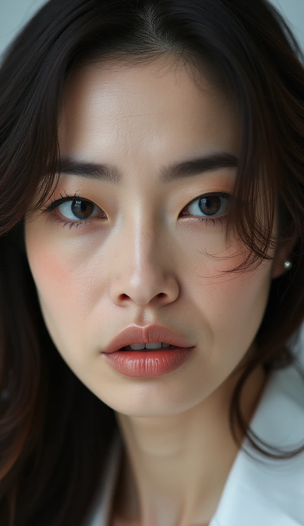 photo real, image of woman face is sprit, half of the smile, half of the fury , close up to face,