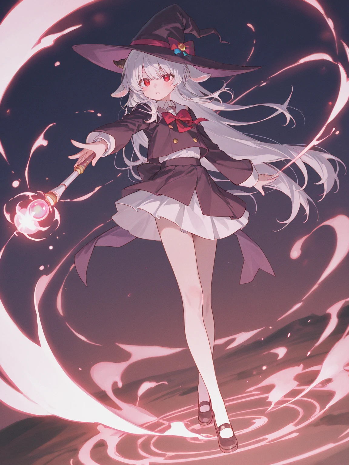 Close up of cartoon character wearing big hat,  ❤🔥🍄🌪, nightcore, official artwork, profile picture 1024px, Chiquita, Eyes glow, White Ghost, Clothes are black, small tits, deadpan, white  hair, ((​masterpiece:1.2、top-quality))、girl with、(witch's hat)、a close up of a girl with curly hair、doress、natta、stele(Skysky)、Skysky、nigh sky、Mouth closed、Red Eyes、bow ribbon、Cape、magia、casting spells、(Impresionismo:1.4)、magical lights,creepy!!, mad, Vampires, Black plumage