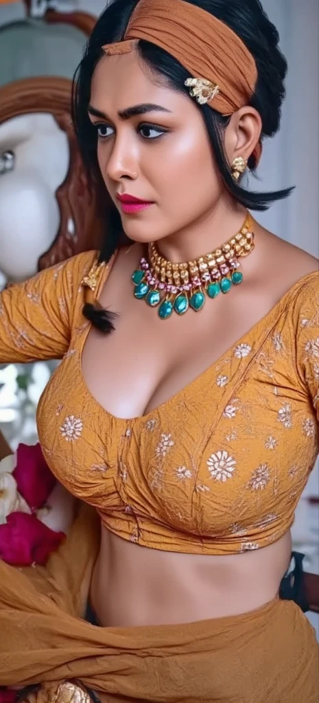 Looks like Indian Actress Ester Noronha, An Extremely gorgeous and beautiful Bengali village woman, 45 yo, pale white skin, sensual appealing body, perfect thick and chubby Beauty, wearing saree bare-chested, wearing a Bengali-style saree without a blouse,, ethnic vintage bengali village woman, bengali style saree, The sari was worn without a blouse and petticoat before the British Raj, baring one's chest or being blouseless, Bengalis a.k.a. Bongs are known for their unique Bengali fashion sense (the way they don that sari makes you go wow), Pre British Raj, Pre colonial era, Bengali Woman draping sari without blouse is a normal thing in pre British Era, bong woman, wearing kajal or kohl or kajol in eyes,