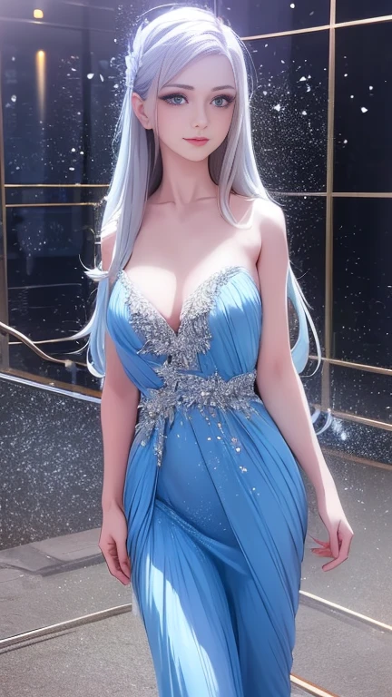 masutepiece,A hyper-realistic,32K,the Extremely Detailed CG Unity 8K Wallpapers, Best Quality,Gorgeous Japan Woman,(shiny light blue satin gorgeous gown),(Colorful long hair),gothic makeup,Mouth open,(grub own skirt),resturant,(Full Shot),,Smile,facing to the viewer,shiny skin,beauty blue pupils