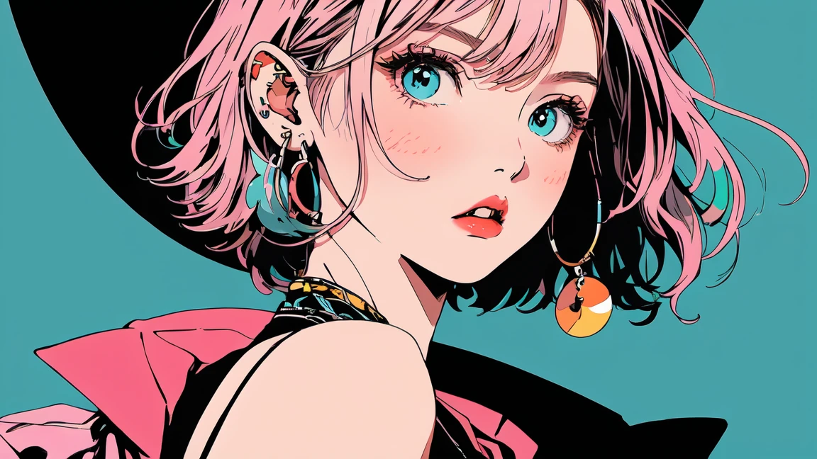 1 femboy, green eyes, very Short hair, pink choker, lipstick, Shy, pink hair , tomboy Pixie haircut, femboy hooters, face portrait , flat chest, ponytail