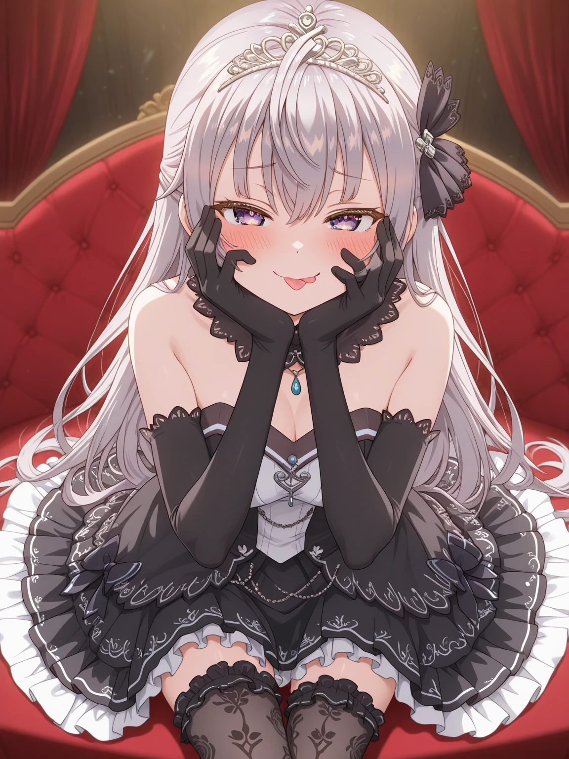 ((masterpiece:1.4, best quality)), ((masterpiece, best quality)),
one girl, cute girl, silver hair, long hair, pink eyes, smile, black gothic dress, white frill, hair dress,
indoors, castle, gothic, cute pose