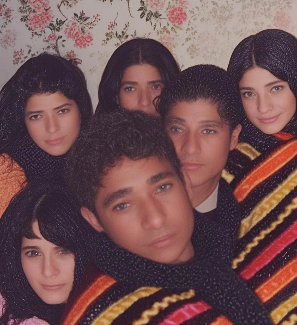 group of 14 fair-haired jewish asmonean  children,  in sweatshirt  gathered together, focus on face
