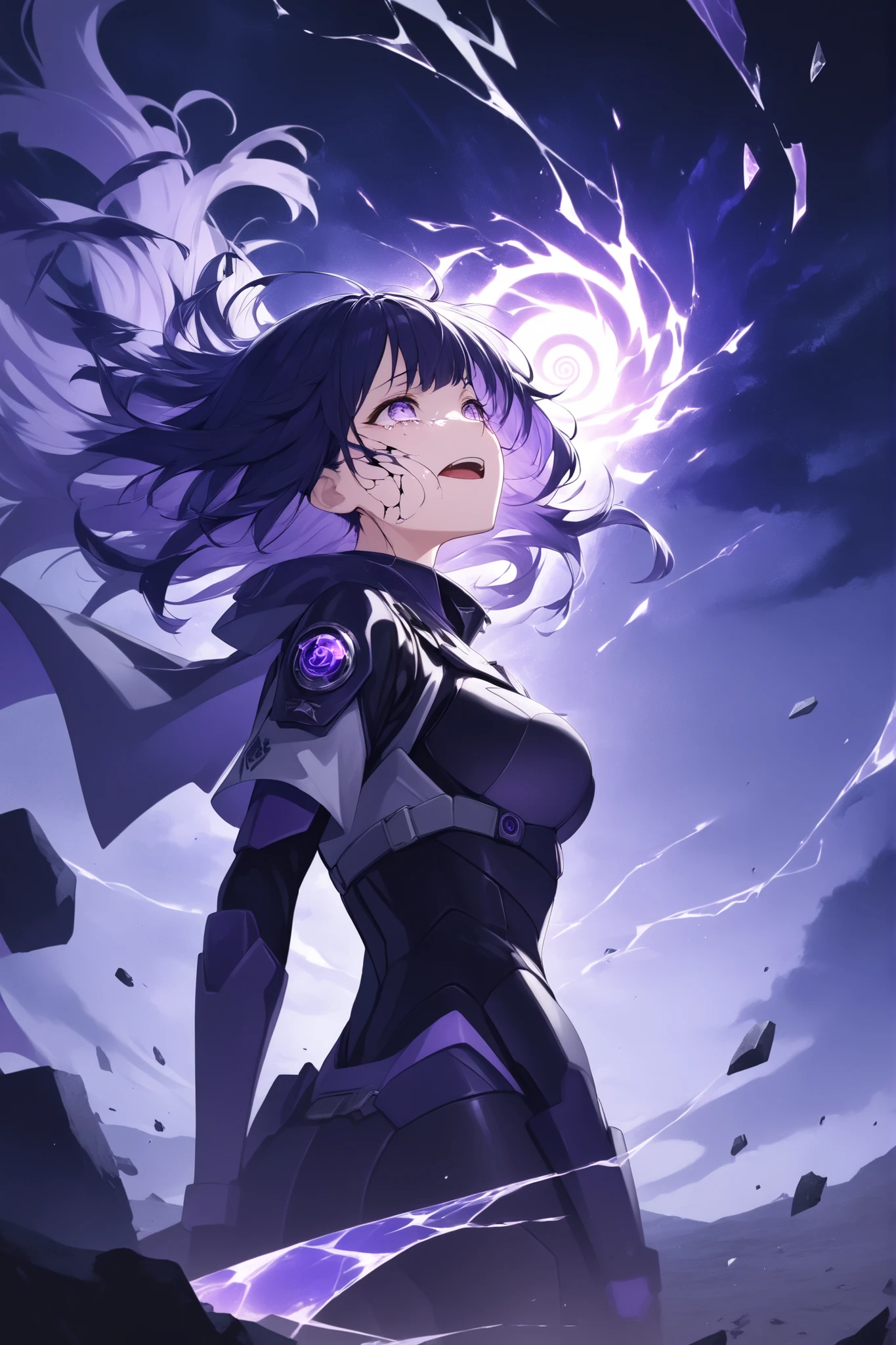 (masterpiece), (RAW 8K), (anime-real fusion), (ultra photorealistic), medium shot, dramatic contrast lighting, slight upward angle. Hinata Hyuga in her Voidwalker form, captured in the middle of a maniacal laugh. Head tilted slightly back, mouth wide open in an unhinged grin, eyes wide with pale glowing Byakugan radiating unstable light. Eyebrows sharply arched, tears of rage and madness glistening in her eyes — an expression that is equal parts grief, fury, and broken triumph.
Wearing her unique Voidwalker combat suit — sleek, form-fitting, black-violet layered tactical armor with arcane rune detailing and soft flowing spectral fabric across shoulders and waist. The fabric floats unnaturally from void energy. Her hair is wild and slightly disheveled, long midnight-blue strands swirling with the force of leaking chakra.
**From her back and arms, dark void smoke-like chakra pours outward violently**, swirling in jagged tendrils and chaotic curls — like living smoke driven by raw emotion. Her fingers are slightly spread apart, glowing with faint cracks of violet energy along the skin.
Background: shattered dimension with warping gravity — floating debris and broken terrain, eerie violet light breaking through a torn sky. A spiraling rift glows behind her. Blood spatters faintly on her cheek and outfit. Air is heavy, filled with silence between dimensions — but she laughs through it all.