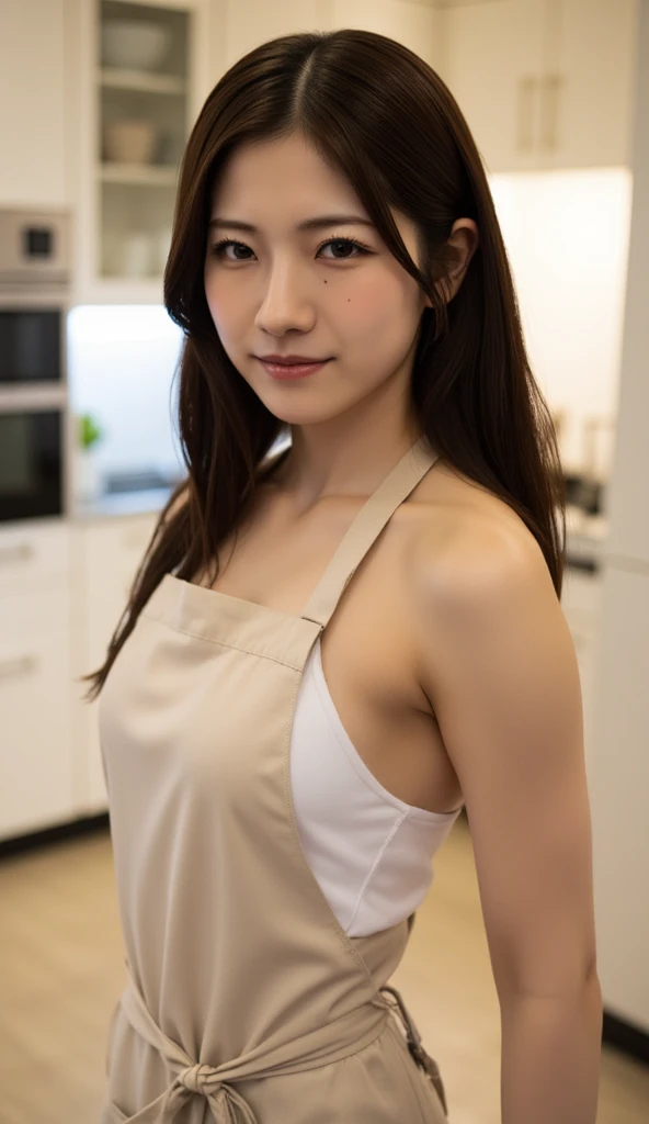 Cute like an idol、Cute and adorable、A girl with a young face、Smiling Kindly、Naked with only an apron on、Naked under the apron、(((Sheer apron)))、Cleavage、(kitchen)、whole body、Accurate、Anatomically correct、Textured skin、Very detailed、 Attention to detail、Highest quality、High resolution、Genuine、Indistinguishable from live-action、realism、Real Stick、RAW Photos、Genuine、masterpiece