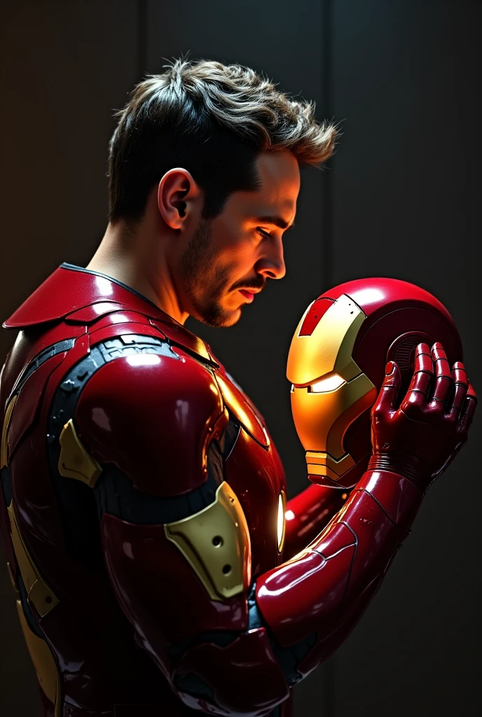 Tony Stark and Iron Man bumping backs, looking in opposite directions from profile fighting stances. Full body.
Drawing with white background.