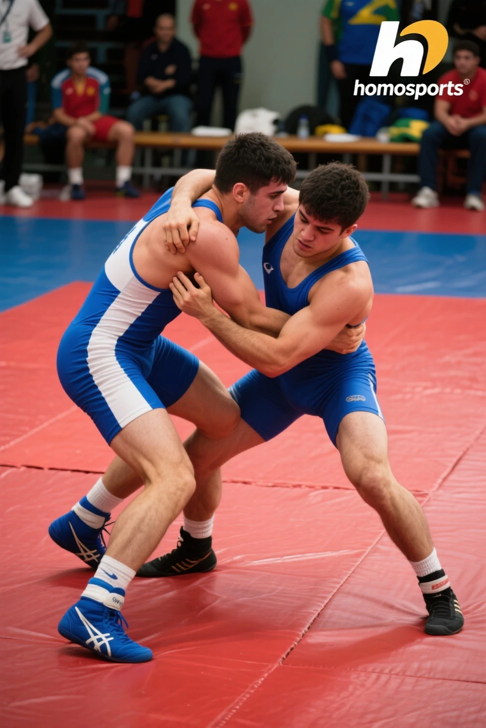 An advertising banner for men wrestling that some guys are doing wrestling in picture in an dark blue and orange mat
