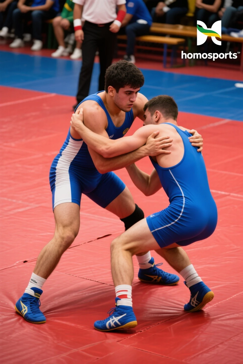 (2boys, photorealistic:1.4, ultra realistic, masterpiece:1.2, best quality, 4k), young olympic male athletes wrestling with each other, wearing tight wrestling singlet, vpl, ((dynamic wrestling pose)), erotic male wrestling, the crowd cheers, detailed faces, ultra realistic skin, Olympic Games, shot on Nikon d850 50mm, dlsr, RAW, cinematic lighting, 3 point lighting, flash with soft box