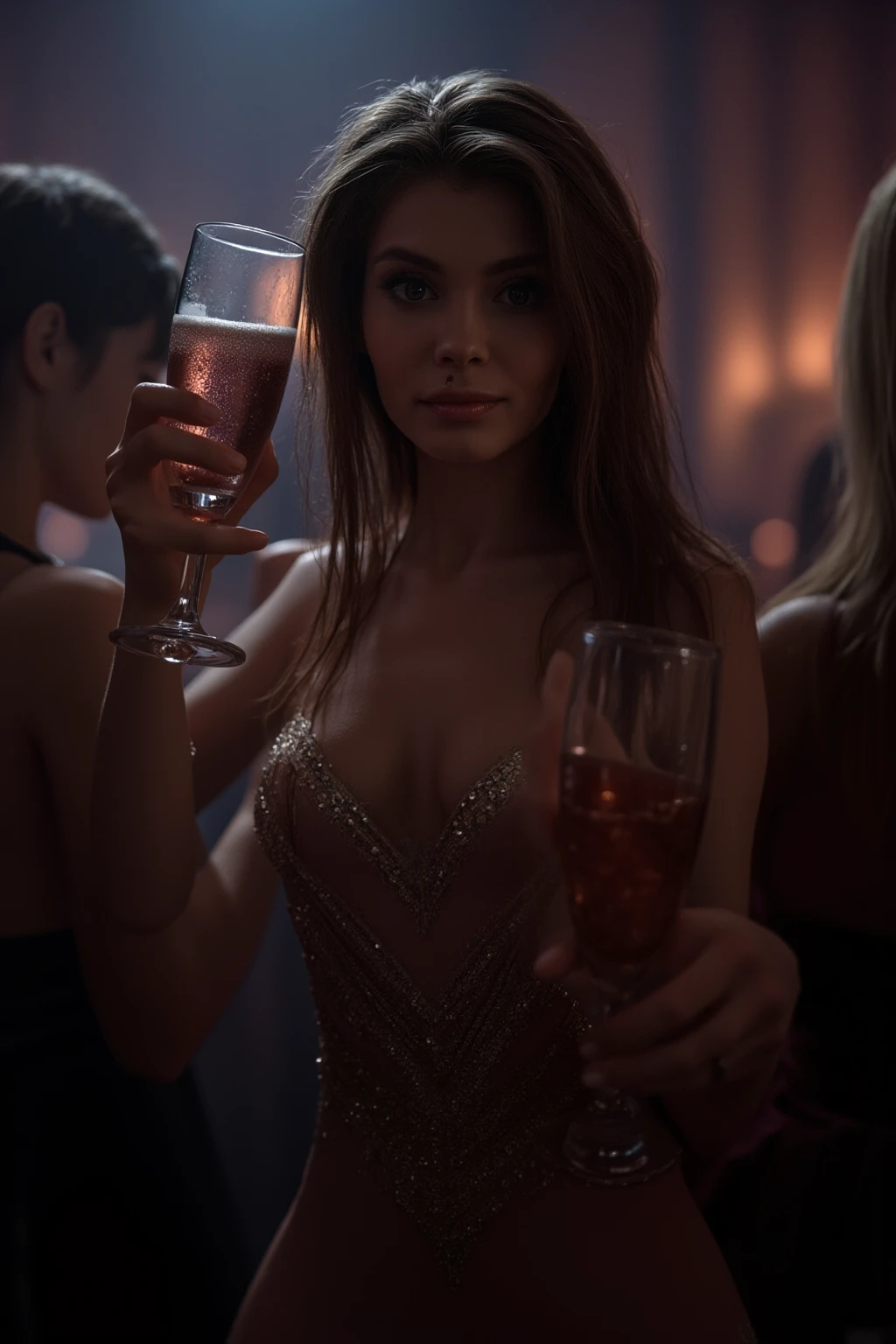 (best quality,4k,8k,highres,masterpiece:1.2),ultra-detailed,(realistic,photorealistic,photo-realistic:1.37),tall blonde woman in a provocative cocktail dress,beautiful detailed blue eyes,beautiful detailed lips,elegant updo hairstyle,slim face with a delicate jawline and protruding cheekbones,single long braid intertwined with delicate flowers,standing gracefully,holding a wine glass and engaged in conversation with friends at a lively party,full body view,vivid colors,soft ambient lighting,party atmosphere,background filled with elegant decorations and music,candid and relaxed expressions on the faces of the people in the background.