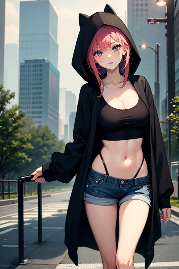 girl with short pink hair, huge breasts, blindfolded, white skin and thick lips, cyberpunk style, black bikini and jacket
