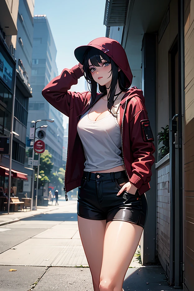 1girl, absurdres, high res, extremely detailed ultrasharp, 8K, masterpiece, city background, looking at viewer, human, thighs, breasts, big breasts, sideboob, long hair, multicolored hair, makeup, bra, open jacket, ear piercings, straps, hair ornament, sweatpants, transparent