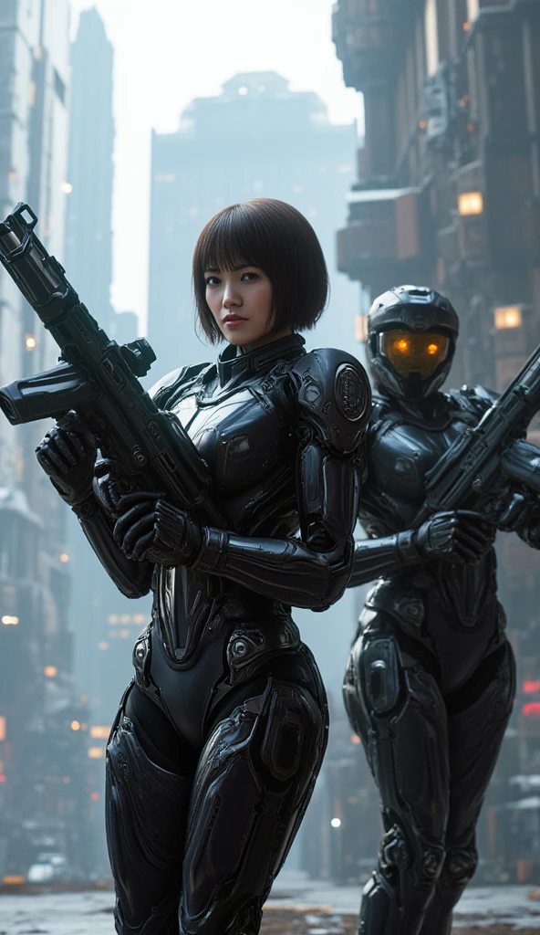 A woman in a robot suit is attacked by a monster