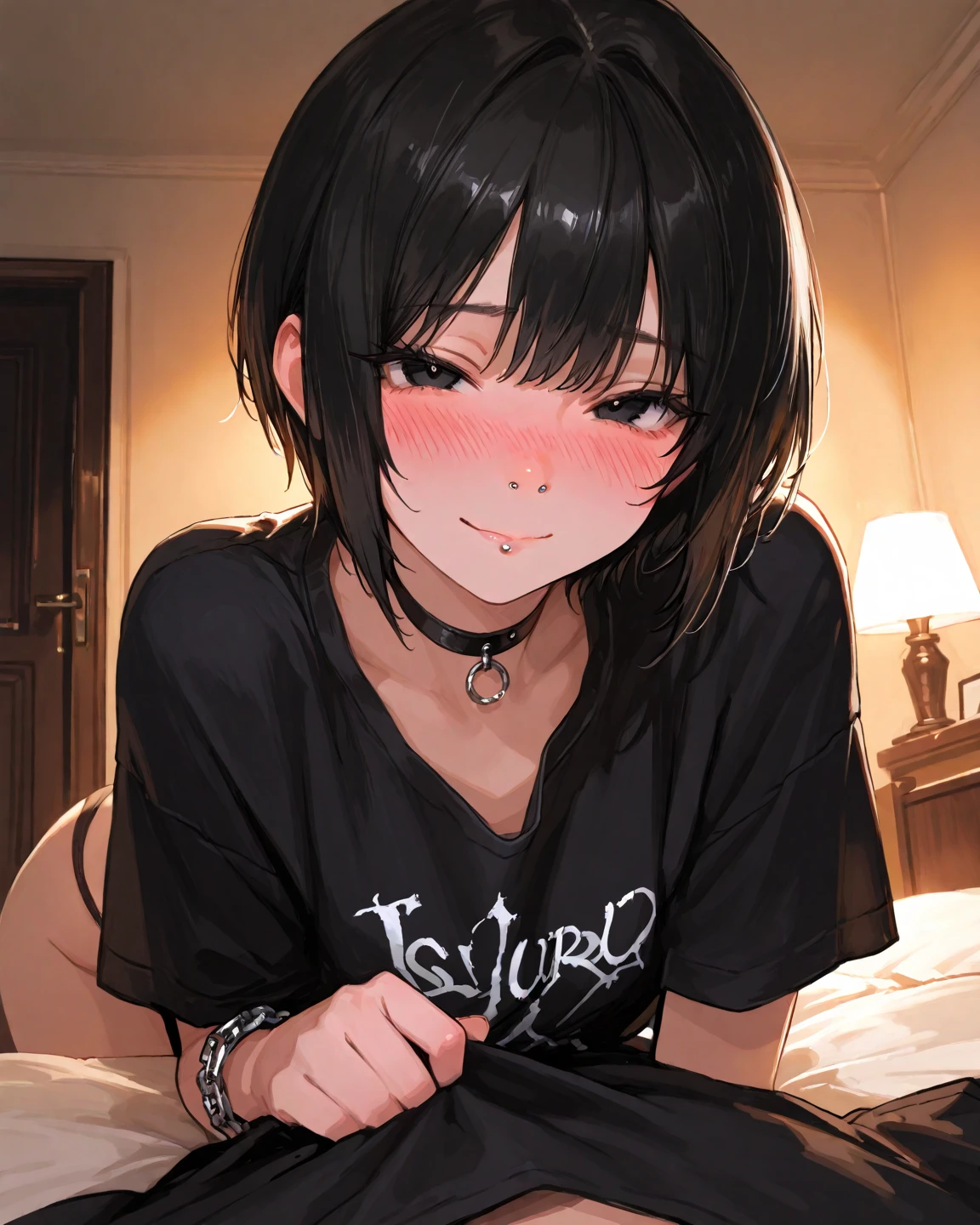 ollarbone,black t-shirt,off-shoulder look,bare shoulder,midriff peek,micro shorts,open mouth,tongue out,cum on tongue,Black sofa,sit,Selfie,looking ahead,from above,flont view,upper body,(1girl,Beautiful 14 year old girl),((Slender,Small breasts,Small face,)),looking at viewer,Black Hair,bangs,one side up,Beautiful and detailed,Mischievous smile,Hotel Rooms,