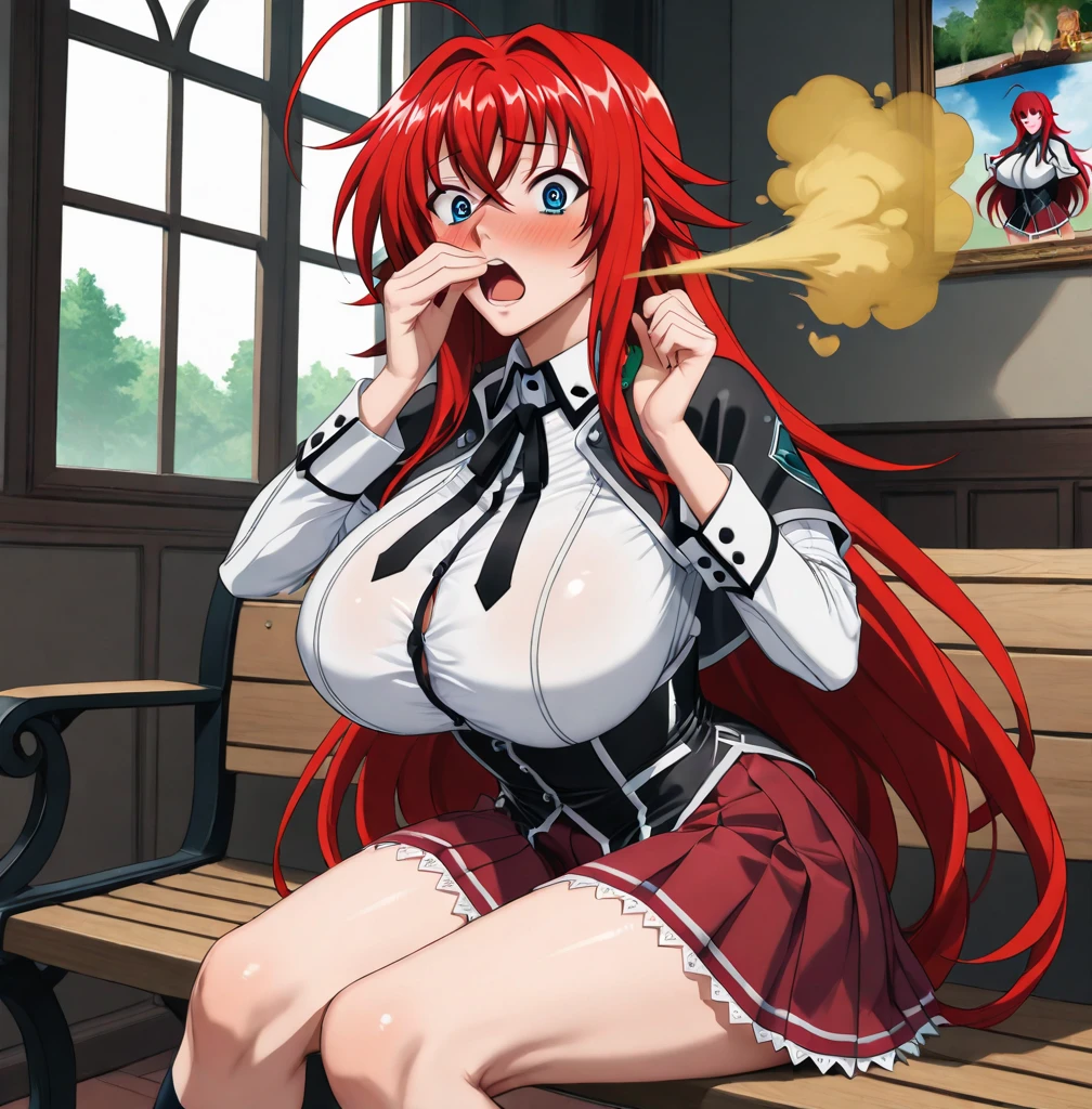 Anime. Hight School DxD 1 Girl. Rias Gremory. Red hair. Long hair. Blue eyes. Beautiful eyes. Perfect eyes. Expressive eyes. Ideal face. Ideal anatomical body. Beautiful long legs. Beautiful body. Beautiful nose. 18 years. Big breasts. Period. Toilet. Sitting sideways on Issei's ruts. Hug Issei. Kissing Issei. Blush. Beautiful character design. Shiny skin. She wants to sneeze. She needs to sneeze. She has a strong, desperate urge to sneeze. Runny nose. Mucus from the nose. Snot. Slpli is running from the nose. Blows his nose. Urinary incontinence. She wants to pee. She needs to pee. She has a strong, desperate urge to pee. She described. I peed myself while sitting on the lap of a guy (Hjeda Iiseya). Tears on eyes. Cry. Snot flows from the nose. House. Toilet. Heading to the toilet. Standing at the door to the toilet. Waiting for it to be free. Goes to the toilet with a guy. Sits on the guy's lap. Hugs the guy. Kisses the guy. Whole body. nsfw. Official art. Extremely detailed CG Unity 8k wallpaper. Ideal lighting. Ultra high resolution 4K. Super detailed 8K. A high resolution.