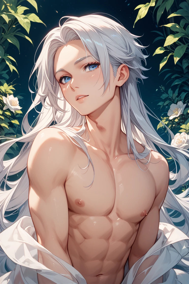 1boy, white long hair, white eyelashes, green eyes,fitness body, vestindo uma regata preta, calça branca, hair in the wind, satisfied expression, sexy