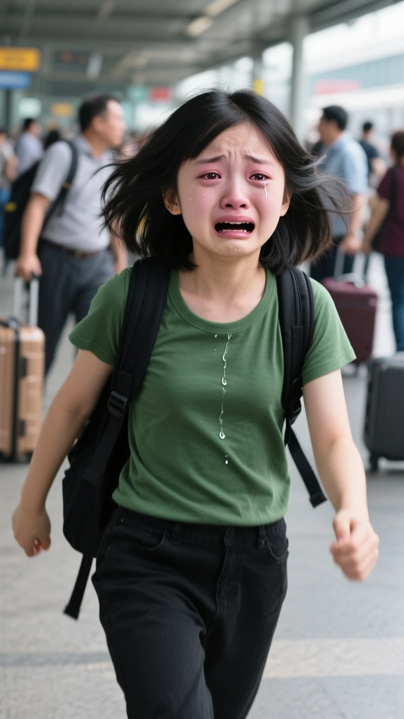 anime realism style, (crying, tears:1.5), sit in bus, best quality, masterpiece, high details, Ultra intricate detailed