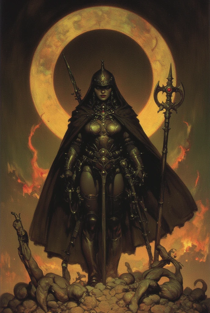 Masterpiece, (40k concept art), (Female Adeptus Mechanicus), tech priest, wearing Mechadendrite, epic, brutalism, highly detailed, RPG artwork, Warhammer, in library, oil on canvas, grimdark, bold colors, (by Simon Bisley:1.2)