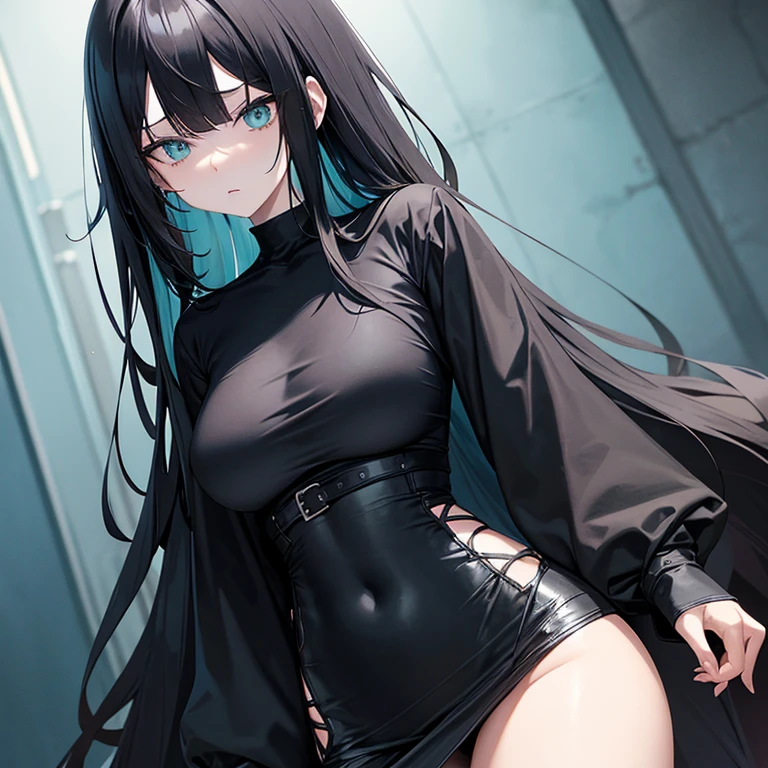 A long black hair,Black eyes,Girl in black low-cut outfit,black short skirt,Tilted viewing angle from top to bottom,expressiveless