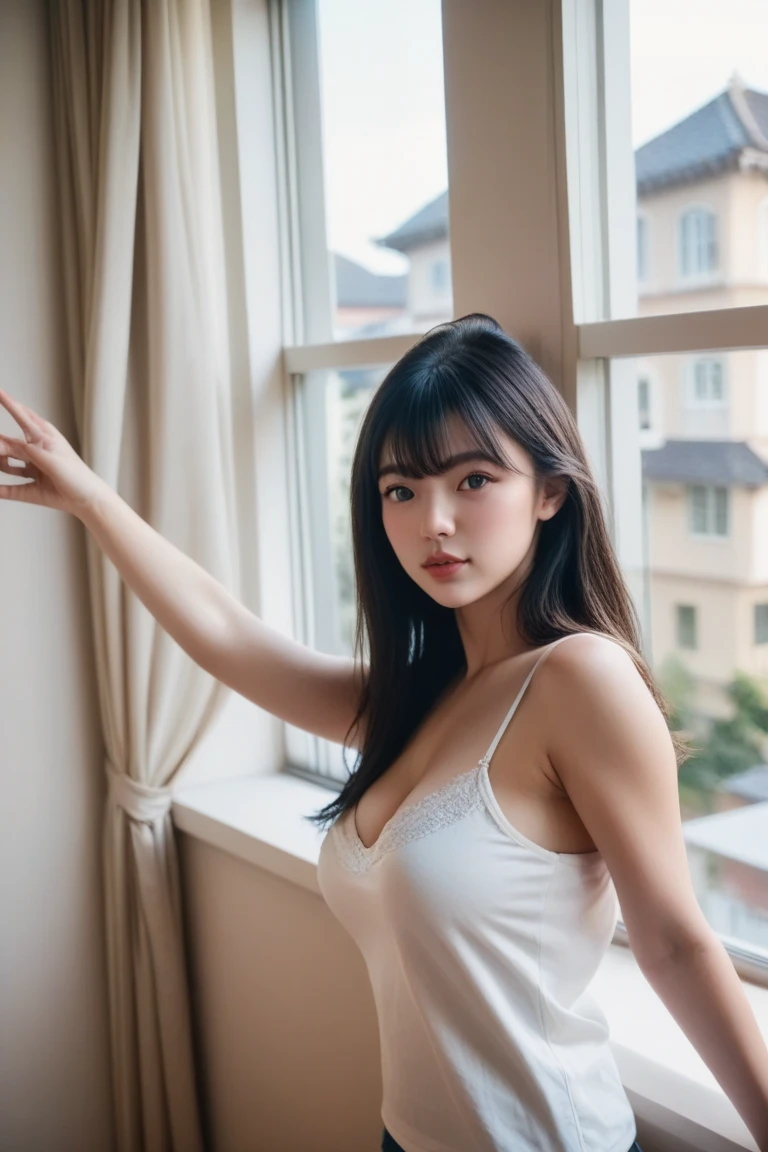 One girl, Mature Woman, photograph, Realistic, Highest quality, employment, Detailed face, Building seen from the window, Detailed Background, Diffused sunlight, Depth of written boundary, sexy, dress 