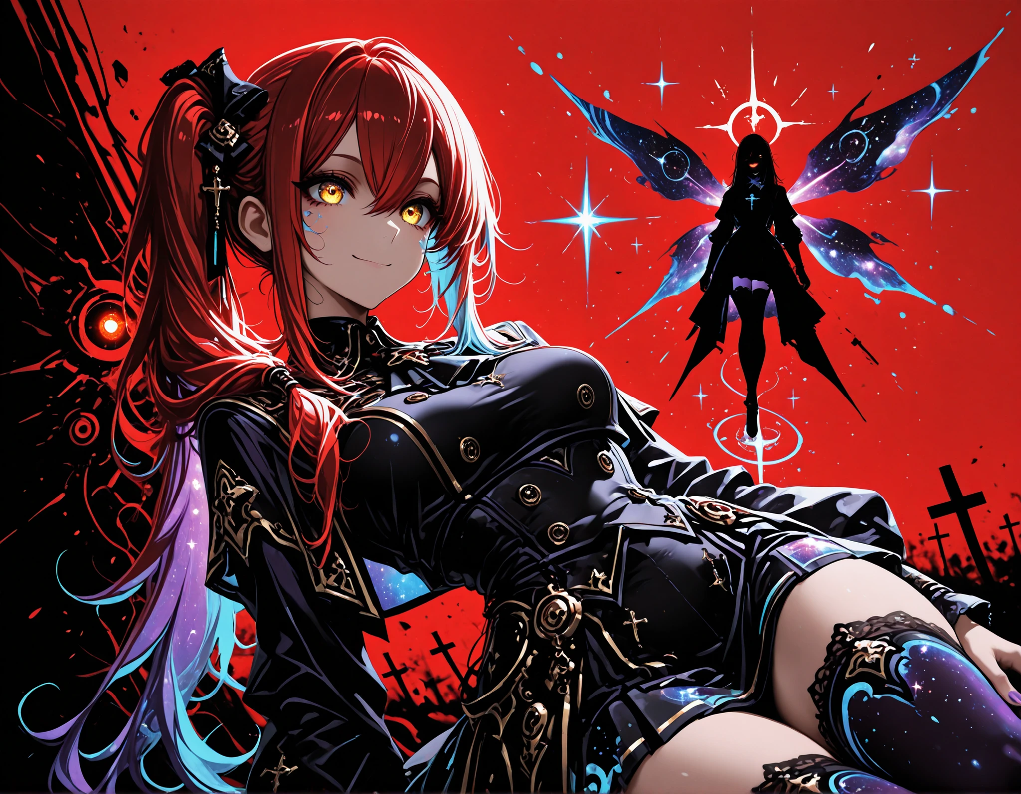 (EyesHD:1.2), masterpiece, best quality, ultra-detailed, very aesthetic, sharp focus, depth of field, vibrant colors, ray tracing, best lighting, detailed illustration, detailed background, cinematic, beautiful face, beautiful eyes, (anime coloring:1.5), 1girl, golden eyes, red hair, very long hair, straight hair, long sidelocks, hair between eyes, medium breasts, smile , petite, very cute, beautiful, cool, handsome, side ponytail, hair over shoulder, thighhighs, ,dream galaxy, galaxy (theme), surreal, dreamcore, purple lineart, galaxy elements, kawaii style, aesthetic, soft colors, pastel colors, colored lineart, ((blue tones: 1.2)), ((purple tones: 1.2)), glitter effect, fantasy style ,ultrakill, cross, Limited color palette, (flat colors, red background, red themed background, outline, red outline, silhouette), simple background, dark fairy silhouette of the girl in the background, red glowing eyes of the silhouette