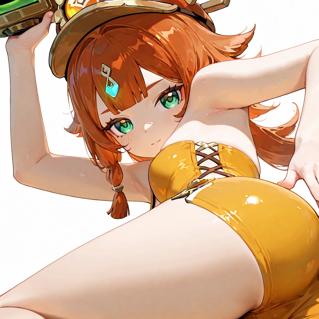 A beautiful woman with long, round hair and shoulder-length braids is standing in an orange high-leg leotard that shows a little of her breasts.。