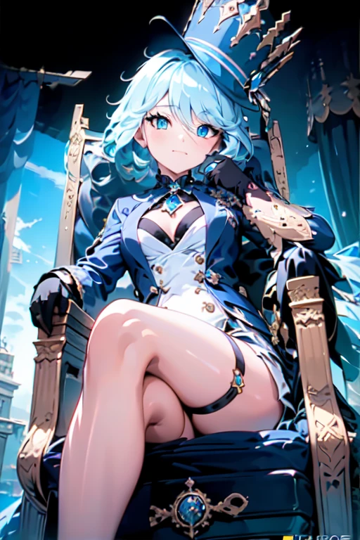 Blue hair, blue eyes, big boobs, female, iron cross hats, iron cross uniform, sitting on an ice throne, icy floor, crosslegs