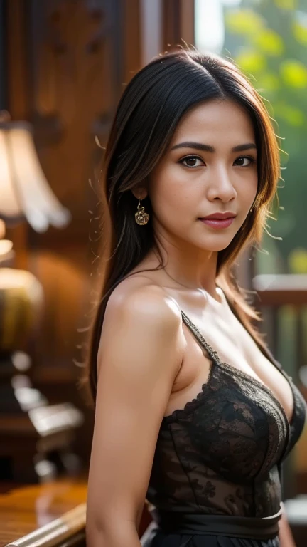 A 25-year-old Oaxacan woman poses for a portrait. Tiene la piel morena, black hair and brown eyes. She is wearing a dress She is sitting on a bench . "una toma de primer plano". You can specify the woman's facial expression, por ejemplo, "a thoughtful expression"."