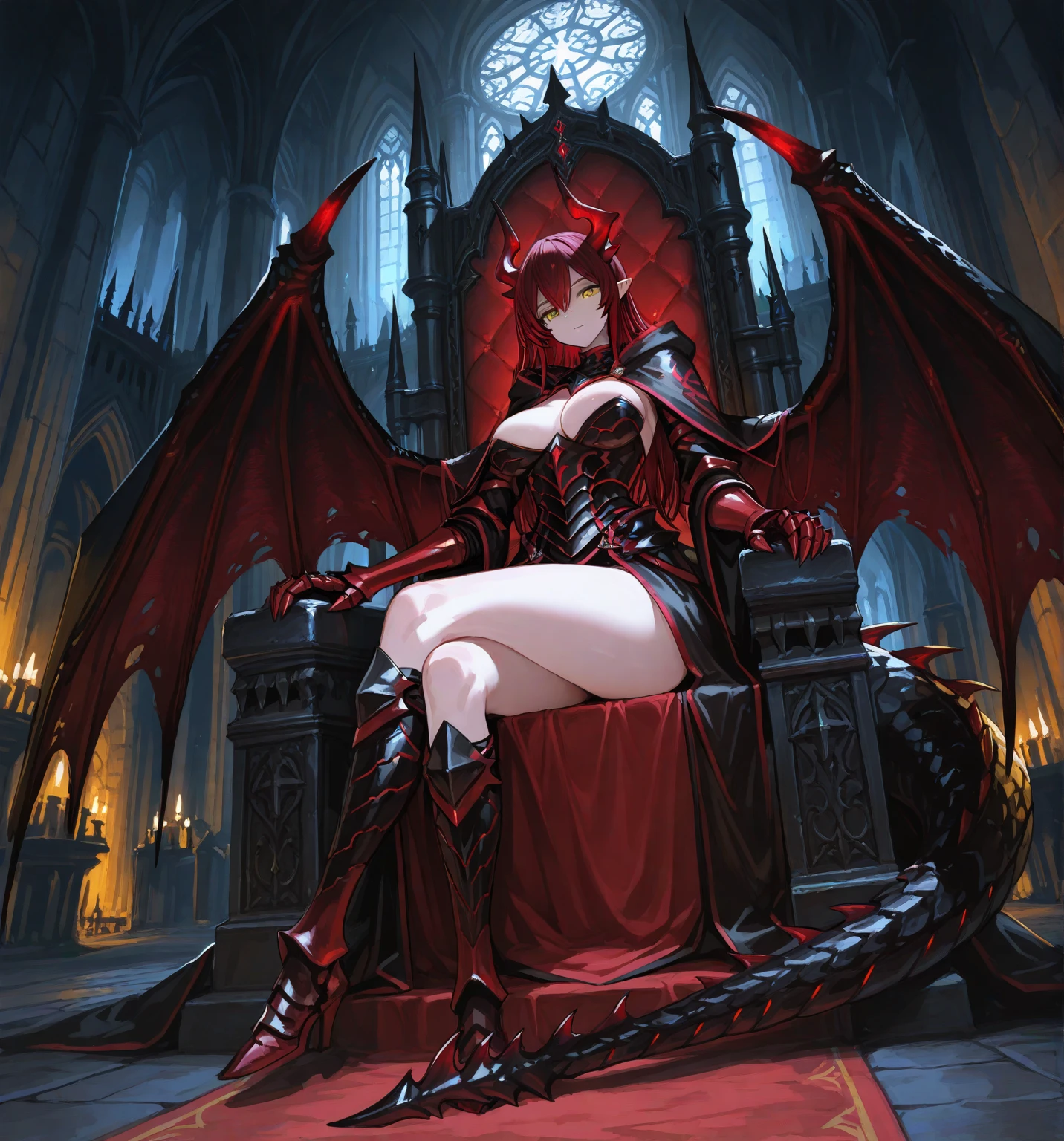 vampire, short white hair, red eyes, maleficent, red cape, girl