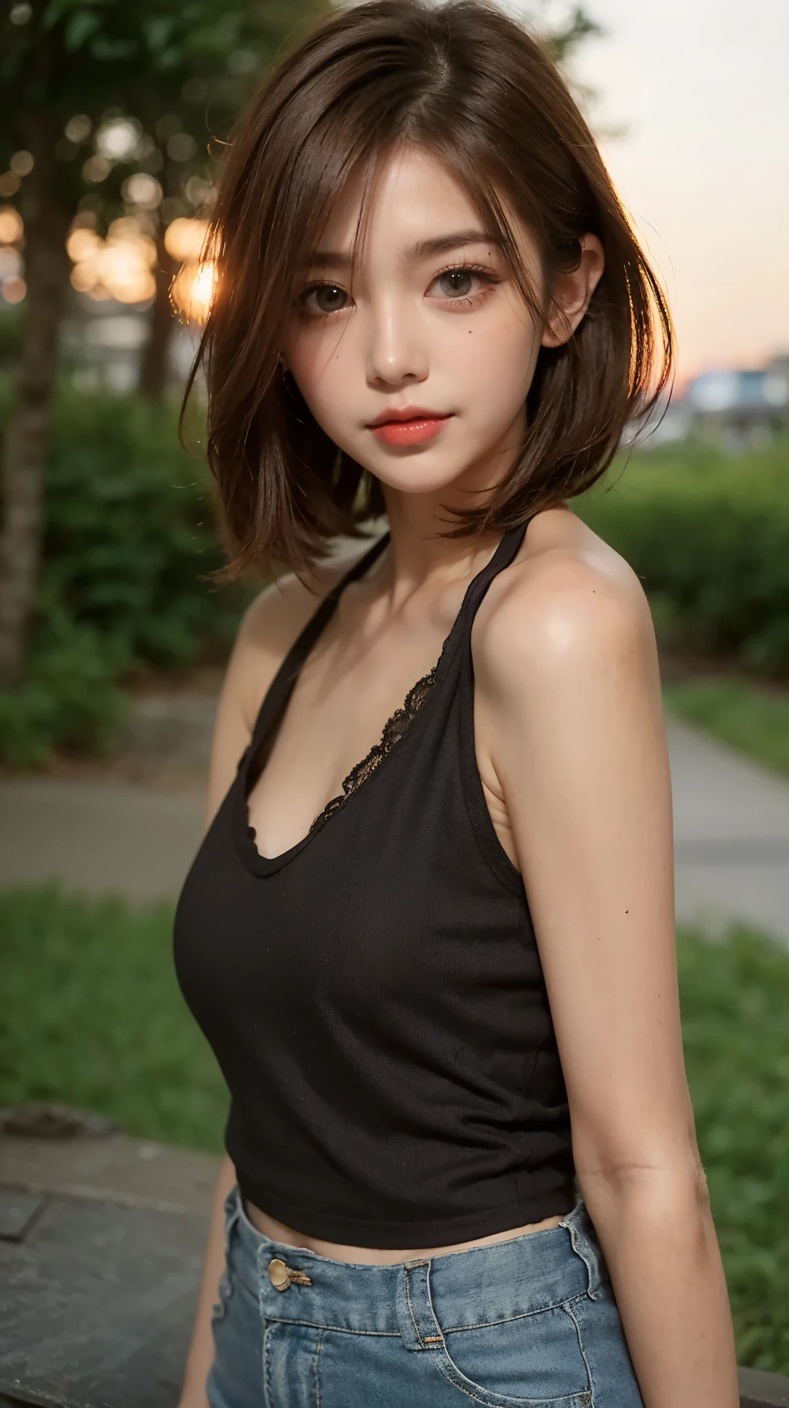 Halter neck, cut and sew, outdoors,DUSK,short hair,Sleeveless,brown hair,age:45, 45 years old, small breasts, slender, I am a mature woman with medium hair, light brunette
