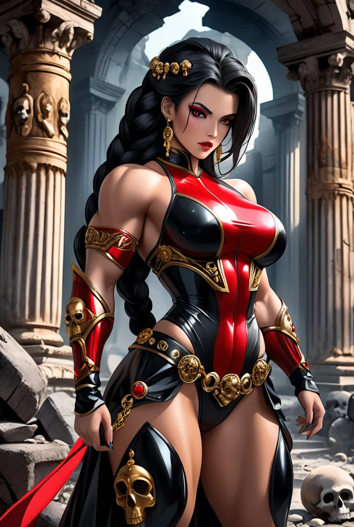 (((full body picture))),warrior with black hair, ((big blue eyes)), giant breasts, giant ass, full lips painted deep red, very seductive, wears a very very small micro armour made of gold and silver, in the middle of the battle. He holds silver swords in both hands