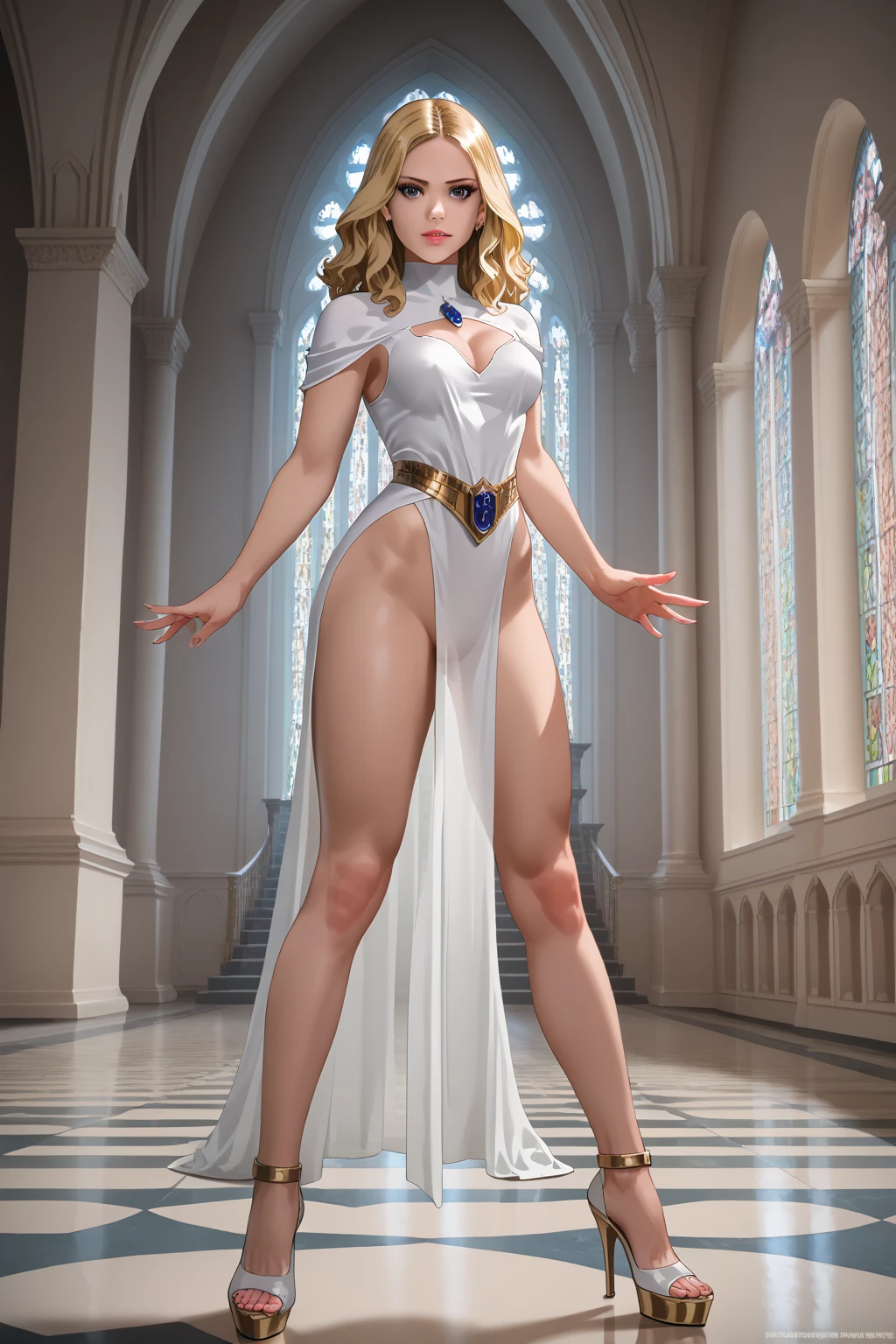 ahsoka tano, ((tentacle hair, glowing blue eyes, lipstick, makeup, narrow waist, skinny, medium breasts, alone, jewelry, earrings)), pelvic curtain, ((white dress, bare shoulders, cleavage, gloves)), full body, perfect body, (insanely detailed, beautiful detailed face, masterpiece, best quality) , (((solo))), (((1girl))), (((mature))), (extremely detailed 8k paper CG wall unit: 1.1), (wedding, castle, church, dusk), (smile face for the viewer), from behind