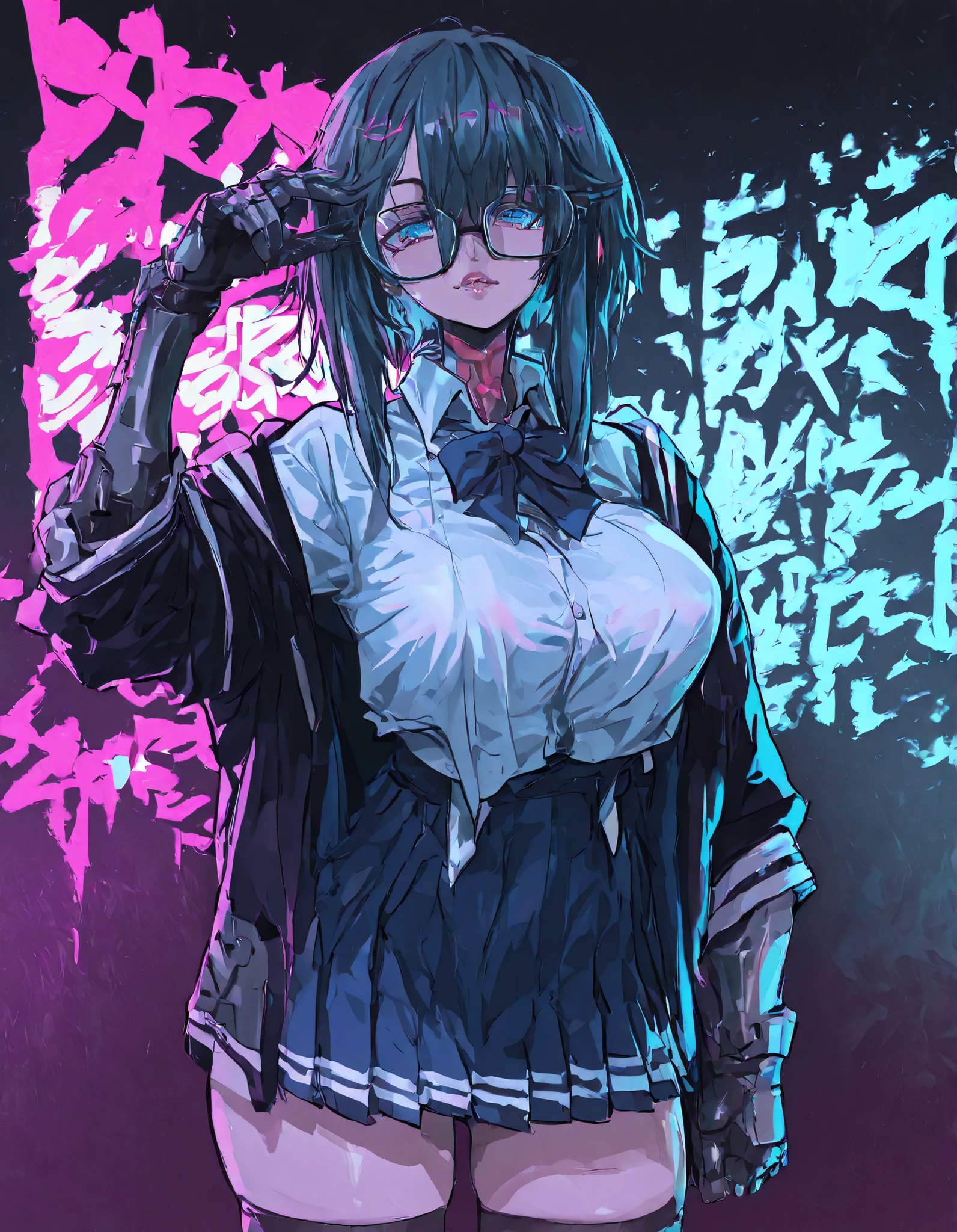 blue eyes、(dark haired、glasses) 、((school uniform、cyberpunk style、Armor、extremely large breasts))、Anime Style、High Definition、High Quality、1girl、sexy、NSFW、cowboy shot