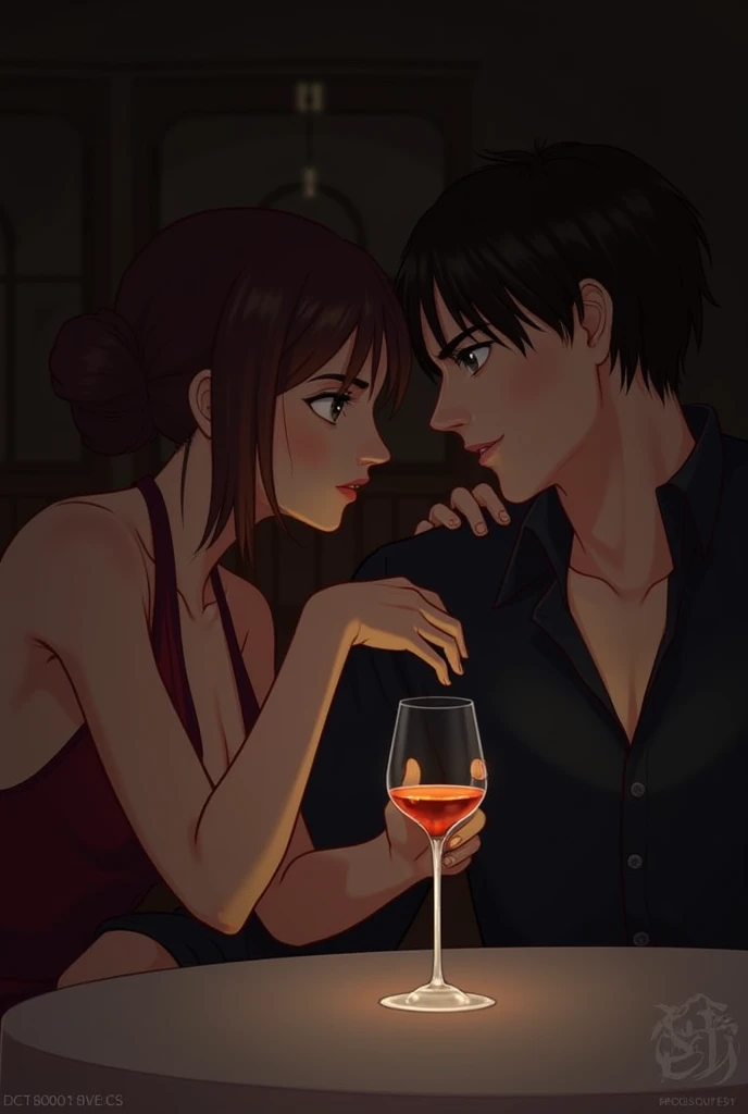 white girl, redhead with very short hair, drinking wine, while her boyfriend, a light brunette boy, with long black hair, takes care of her