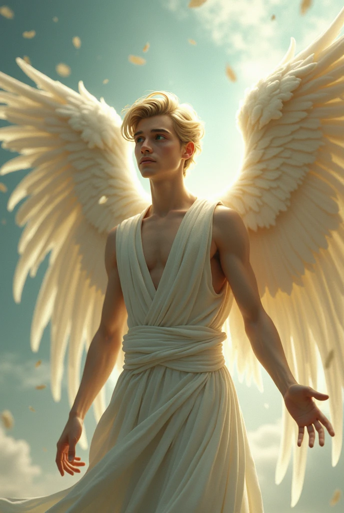 A gentle, white-winged male Asian feature albino angel (simple design) - Soft colors, with a subtle glow, white wavy 8" hair, white skin, light blue color eyes, most handsome masculine male angel, 11'0" tall, white and gold large wings, built-in gold armor on chest and arms, large muscular biceps, large thighs, chiseled ads, define jawline, pearl white lower garment, 32K UHD, masterpiece, best quality, style raw, walking through an enchanted garden of Eden. - Ethereal background, with a subtle texture, naked chest, lined with gold, Large white and Gold wings. the angel is a man