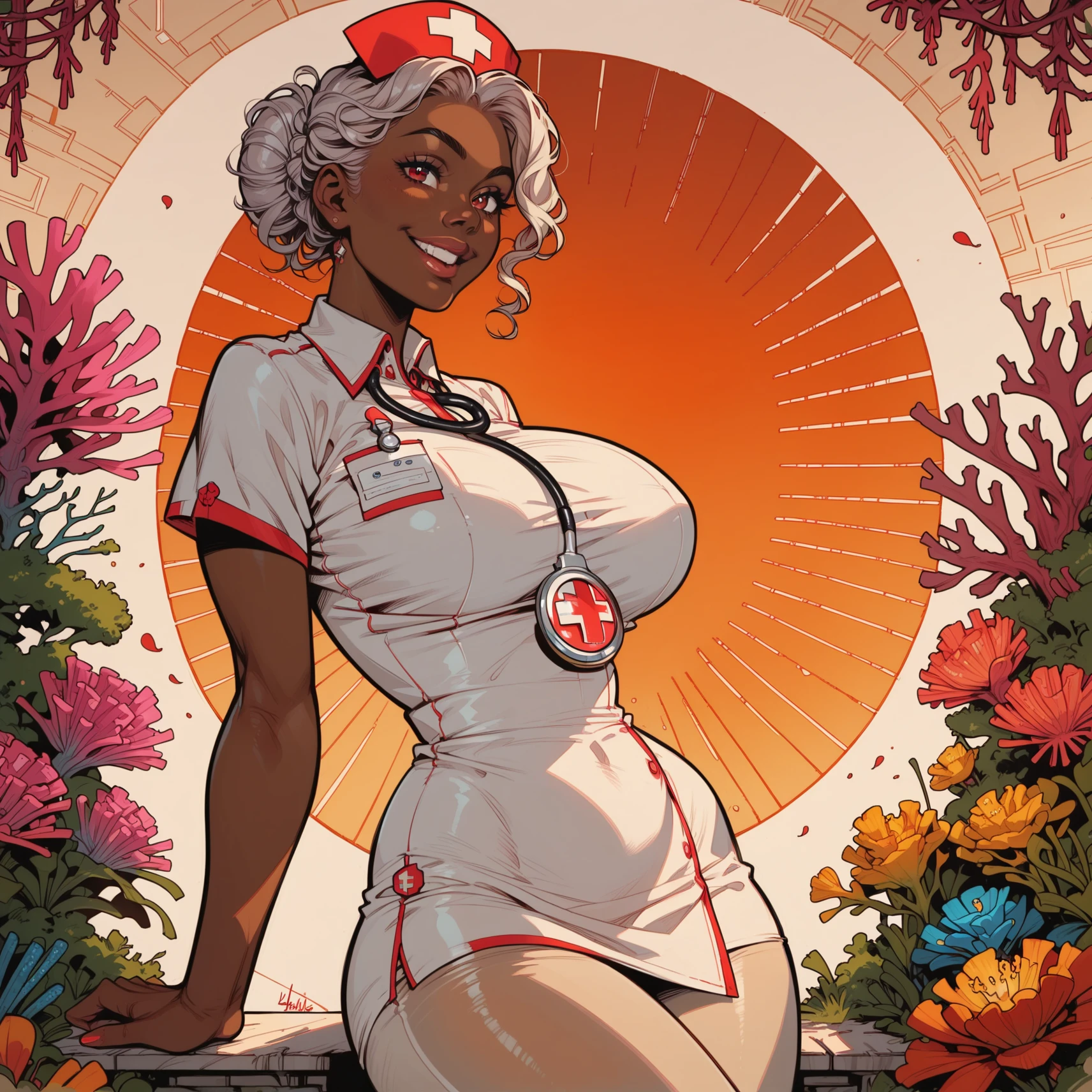 by [Milo Manara], black African nurse, crg00ding, white nurse cap, nurses apron, wide collared white blouse, white a-line dress, afro black hair, <lora:Foxy70:0.5>, 1girl