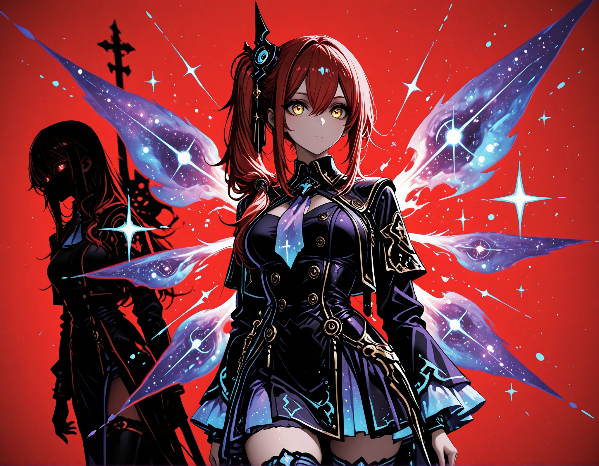 (EyesHD:1.2), masterpiece, best quality, ultra-detailed, very aesthetic, sharp focus, depth of field, vibrant colors, ray tracing, best lighting, detailed illustration, detailed background, cinematic, beautiful face, beautiful eyes, (anime coloring:1.5), 1girl, golden eyes, red hair, very long hair, straight hair, long sidelocks, hair between eyes, medium breasts, petite, very cute, beautiful, cool, handsome, side ponytail, hair over shoulder, thighhighs, ,dream galaxy, galaxy (theme), surreal, dreamcore, purple lineart, galaxy elements, kawaii style, aesthetic, soft colors, pastel colors, colored lineart, ((blue tones: 1.2)), ((purple tones: 1.2)), glitter effect, fantasy style ,ultrakill, cross, Limited color palette, (flat colors, red background, red themed background, outline, red outline, silhouette), simple background, dark fairy silhouette of the girl in the background, red glowing eyes of the silhouette