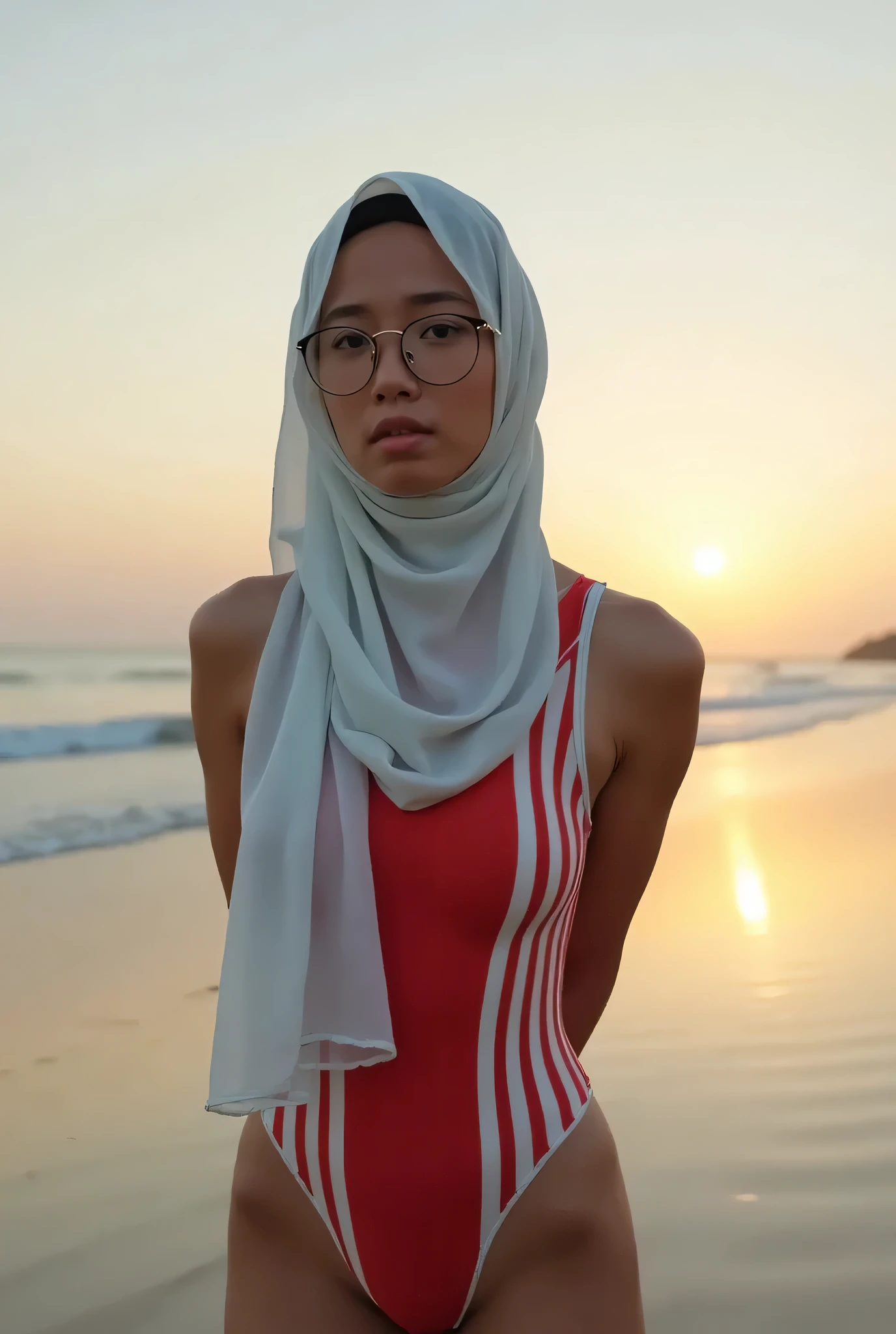Disappointed facial expression, Front posing, Wearing Scarf neck tie, Front posing, SUPER SKINNY, memakai kacamata rabun, (Thighs and calves huge muscles), (((MOODY FACE EXPRESSION))), "Wearing Hijab perfectly", wearing Scoop Neck Sleeveless red Bodysuits singlet swimsuit 'Striped print', (KEDUA BELAH TANGAN DILETAK LETAKKAN DIBELAKANG PUNGGUNG NOT VISIBLE FINGER) PLEASE DON'T PUT ANYTHING ROPE!!!, THIGHS OPEN WIDE,
THIN SKINNY HIJAB INDO MALAY (Singlet ), 1 girl, 'MOODY FACE EXPRESSION', Half body portrait, (face details: 1), (Eye details: 1), ((Big breasts)). ultra high res. realistic: 1.4, UHD, (((dark background))), Background Di tepi pantai senja