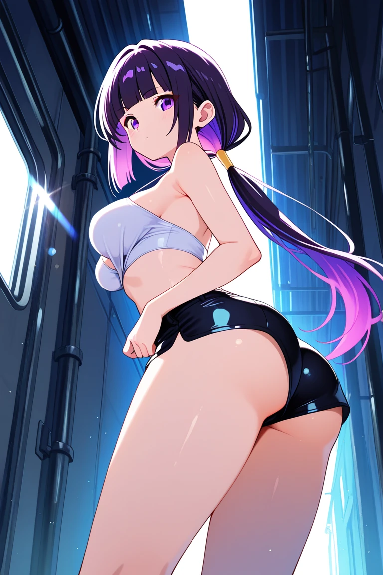 masterpiece, best quality,1girl,solo,kirasaka sayaka,brown hair,long hair,ponytail, hair ribbon, green eyes,,purple thighhighs, wariza, (bikini). Multiple views.