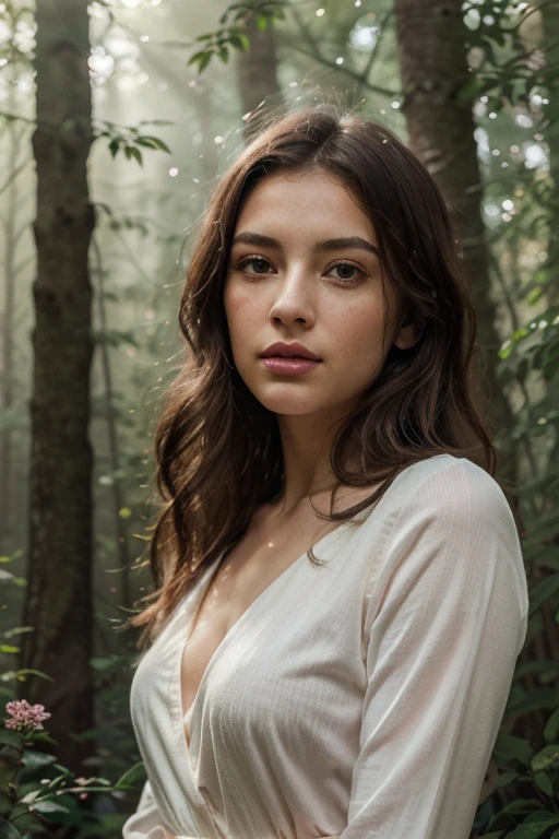 high quality, 8K Ultra HD, hyper-realistic, full body, A charming woman in a forest with a view of an old castle, The woman is portrayed in a moonlit setting, her features bathed in a soft, diffused glow that accentuates the delicate nuances of her expression. The artist, drawing from Sargent's precision, captures every subtle contour of her face, the intricacies of her gaze, and the cascading strands of her hair, In this mysterious ambiance, the artist employs da Vinci's mastery of shadow and light, creating an alluring interplay that accentuates the enigmatic aura surrounding the woman, Shadows dance across her features, enhancing the depth of her gaze and adding a touch of secrecy to the composition, by yukisakura, highly detailed,
