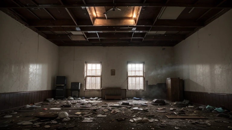 work of art,8k,ultra detali,best qualityer, empty and dark room, feeling of loneliness and poverty, bluish tones, rotten furniture in the room, pictures hanging on the wall, dark bedroom, feeling of sadness and melancholy