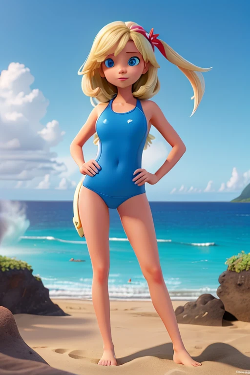 Smolder, blue eyes, detailed body, detailed face, detailed eyes, glistering body, shiny body, feets with three toes, 3 toes, standing, beach, clear sky, short body,