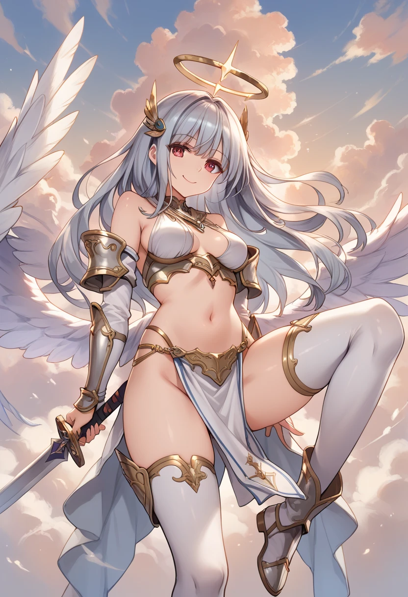 fantasy, 1angel_girl,(young_teen:1.5), ,brown_hair, medium_bob_hair, long_bangs, halo,bare_shoulder,thighhighs,silver_armor, waist_armor, large_breasts,1pair_wings, dynamic_pose_fighting,floating, bare_crotch, headgear,gauntlet, greaves,city_landscape_background,slightly_spread_legs, solo, groin_naked,smile