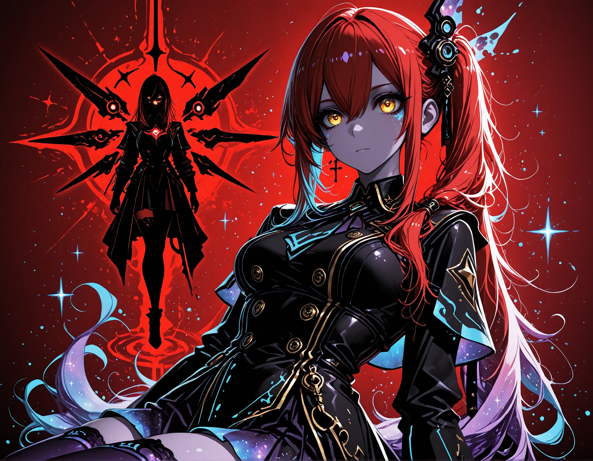 (EyesHD:1.2), masterpiece, best quality, ultra-detailed, very aesthetic, sharp focus, depth of field, vibrant colors, ray tracing, best lighting, detailed illustration, detailed background, cinematic, beautiful face, beautiful eyes, (anime coloring:1.5), 1girl, golden eyes, red hair, very long hair, straight hair, long sidelocks, hair between eyes, medium breasts, petite, very cute, beautiful, cool, handsome,  side ponytail, hair over shoulder, thighhighs, ,dream galaxy, galaxy (theme), surreal, dreamcore, purple lineart, galaxy elements, kawaii style, aesthetic, soft colors, pastel colors, colored lineart, ((blue tones: 1.2)), ((purple tones: 1.2)), glitter effect, fantasy style ,ultrakill, cross, Limited color palette, (flat colors, red background, red themed background, outline, red outline, silhouette), simple background, dark fairy silhouette of the girl in the background, red glowing eyes of the silhouette