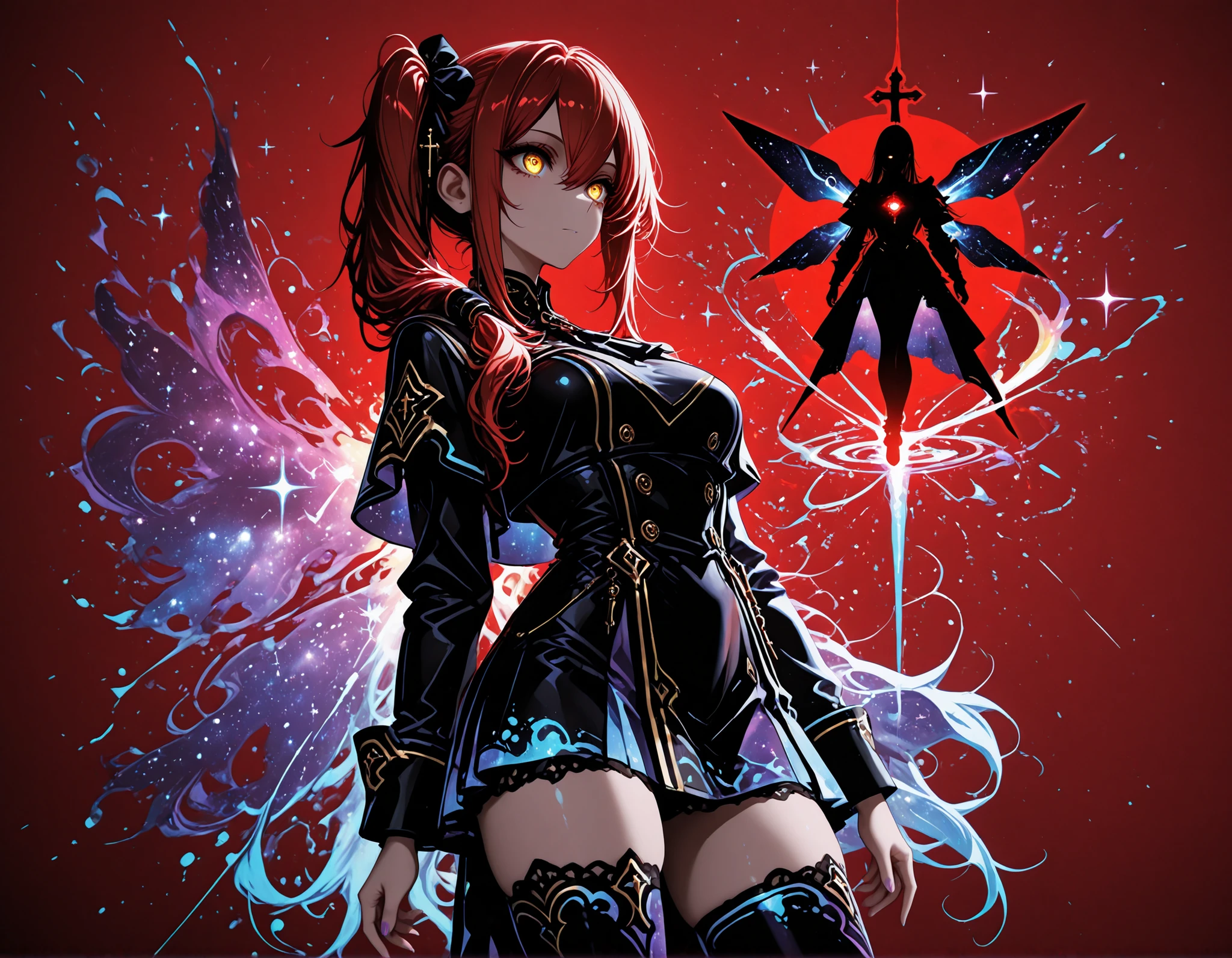 (EyesHD:1.2), masterpiece, best quality, ultra-detailed, very aesthetic, sharp focus, depth of field, vibrant colors, ray tracing, best lighting, detailed illustration, detailed background, cinematic, beautiful face, beautiful eyes, (anime coloring:1.5), 1girl, golden eyes, red hair, very long hair, straight hair, long sidelocks, hair between eyes, medium breasts, petite, very cute, beautiful, cool, handsome, side ponytail, hair over shoulder, thighhighs, ,dream galaxy, galaxy (theme), surreal, dreamcore, purple lineart, galaxy elements, kawaii style, aesthetic, soft colors, pastel colors, colored lineart, ((blue tones: 1.2)), ((purple tones: 1.2)), glitter effect, fantasy style ,ultrakill, cross, Limited color palette, (flat colors, red background, red themed background, outline, red outline, silhouette), simple background, dark fairy silhouette of the girl in the background, red glowing eyes of the silhouette