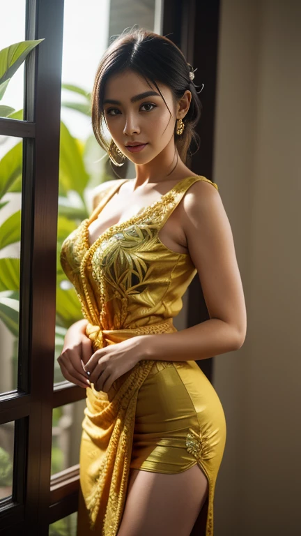 A beautiful curvy Khmer woman small updo acmm blouse,acmm long longyie a white to purple bearded iris flower with a green stem in the foreground and bronze metallic leaves with yellow veins against a smokey black background behind it fading to all black edge of the image, a digital rendering, photorealistic imagery, lyco art, Art Brenner