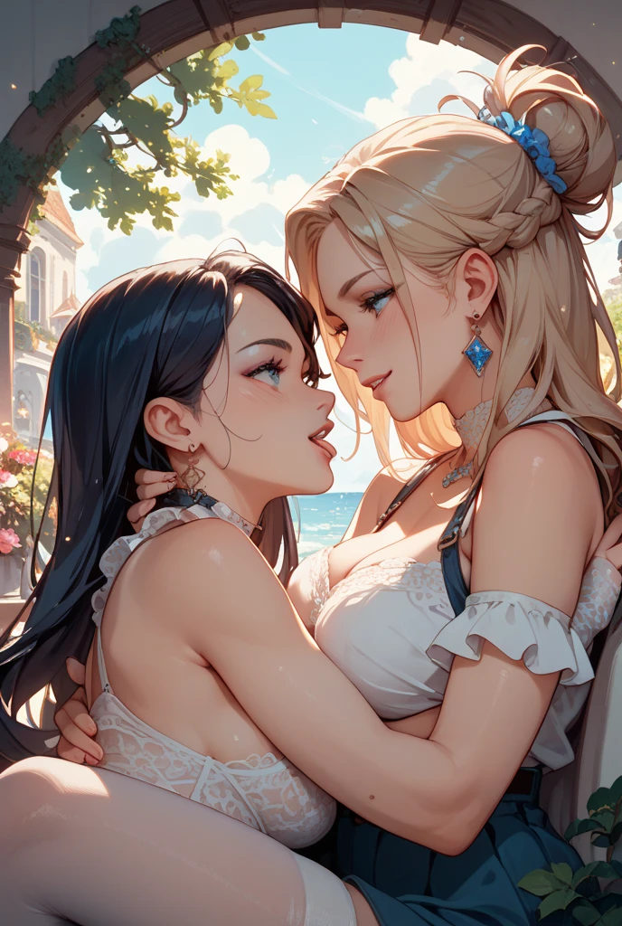 Female couple kissing naked woman in the water on deserted beach at night, (SFW) Work, kissing together cutely, Girl Love Art, OPPEIN, Side milk, Slightly saggy big breasts, small breasts, (((Extra long yellow curly hair))), (((Brown shoulder-length straight hair))), (girl love kiss), The mouth is very detailed, (girl love hug), touch her clothes, (touching each other's breasts), SFW version