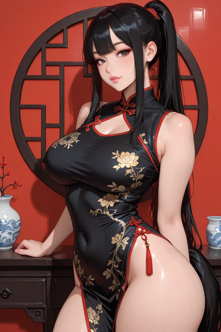 masterpiece, best quality, 8k, hires, detailed, 1girl, mature,detailed skin texture,black hair,long hair,pony tail,huge breast, half body, detailed face, cute face, young face, pure face,detailed red chinese dress,dragon pattern,sexy deep side slit,tight short skirt, (green shenron in the background:1.3),happy new year,